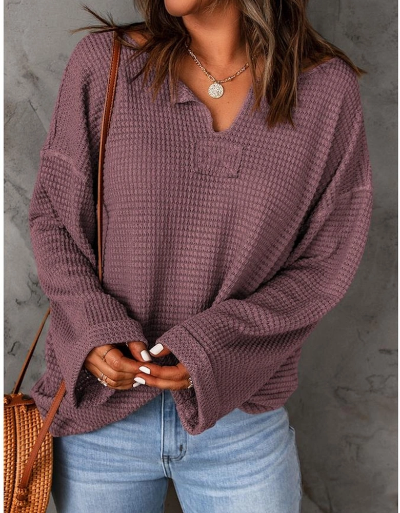 purple Waffle Knit Loose Long Sleeve Top
