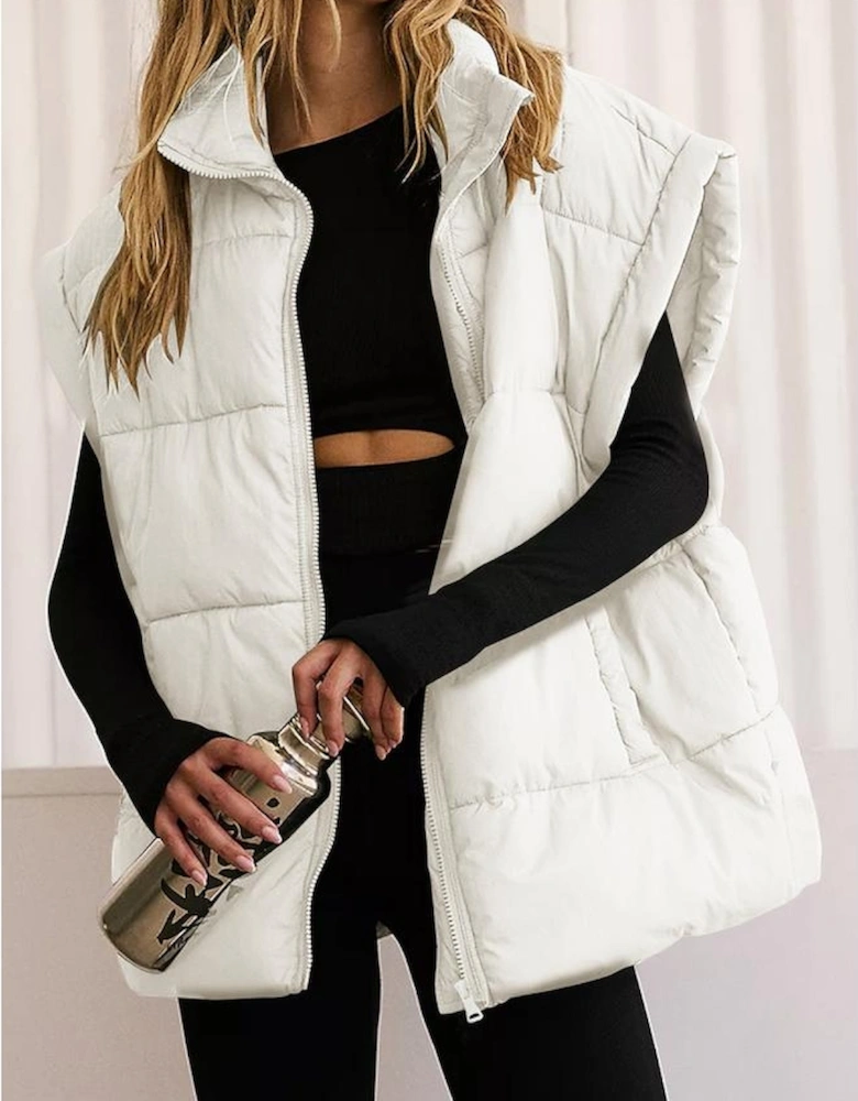 Beige  Zipper Stand Neck Oversized Puffer Vest