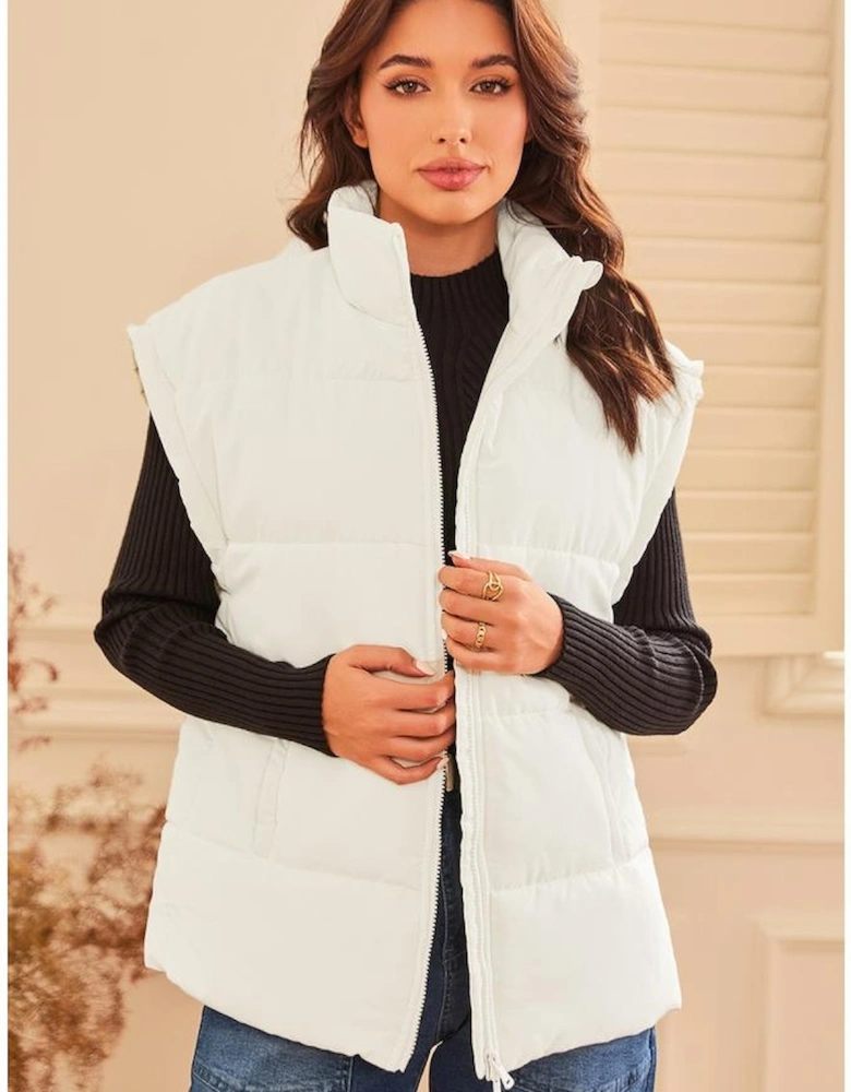 Beige  Zipper Stand Neck Oversized Puffer Vest