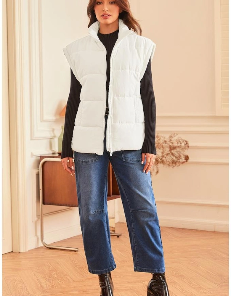 Beige  Zipper Stand Neck Oversized Puffer Vest