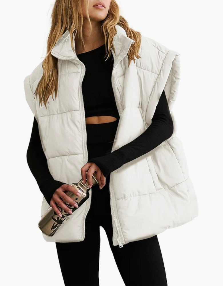 Beige  Zipper Stand Neck Oversized Puffer Vest