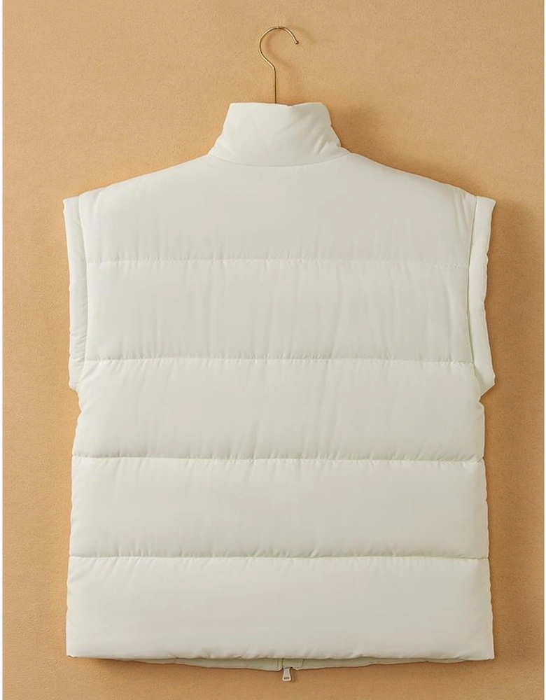 Beige  Zipper Stand Neck Oversized Puffer Vest