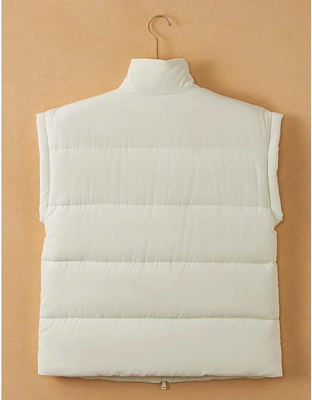 Beige  Zipper Stand Neck Oversized Puffer Vest