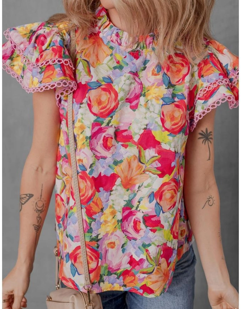 Multicolour Lace Trim Ruffle Short Sleeve Floral Blouse