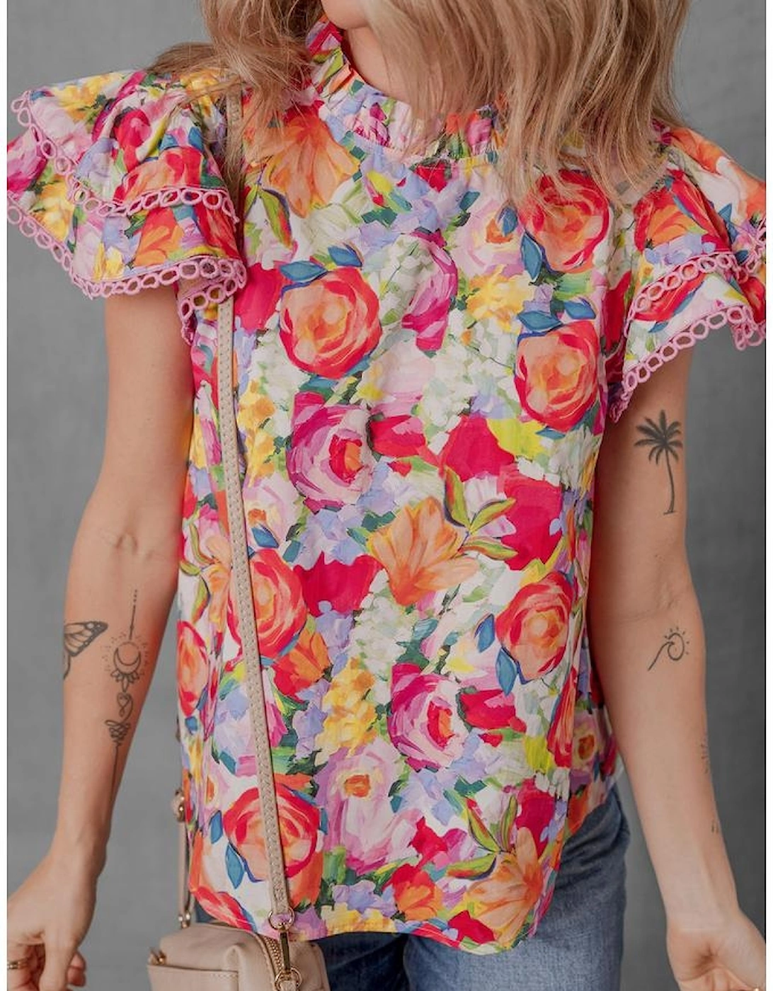 Multicolour Lace Trim Ruffle Short Sleeve Floral Blouse