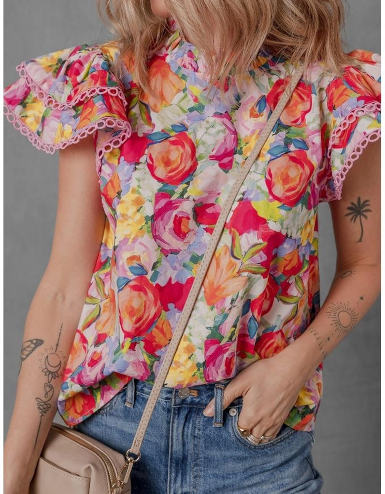 Multicolour Lace Trim Ruffle Short Sleeve Floral Blouse