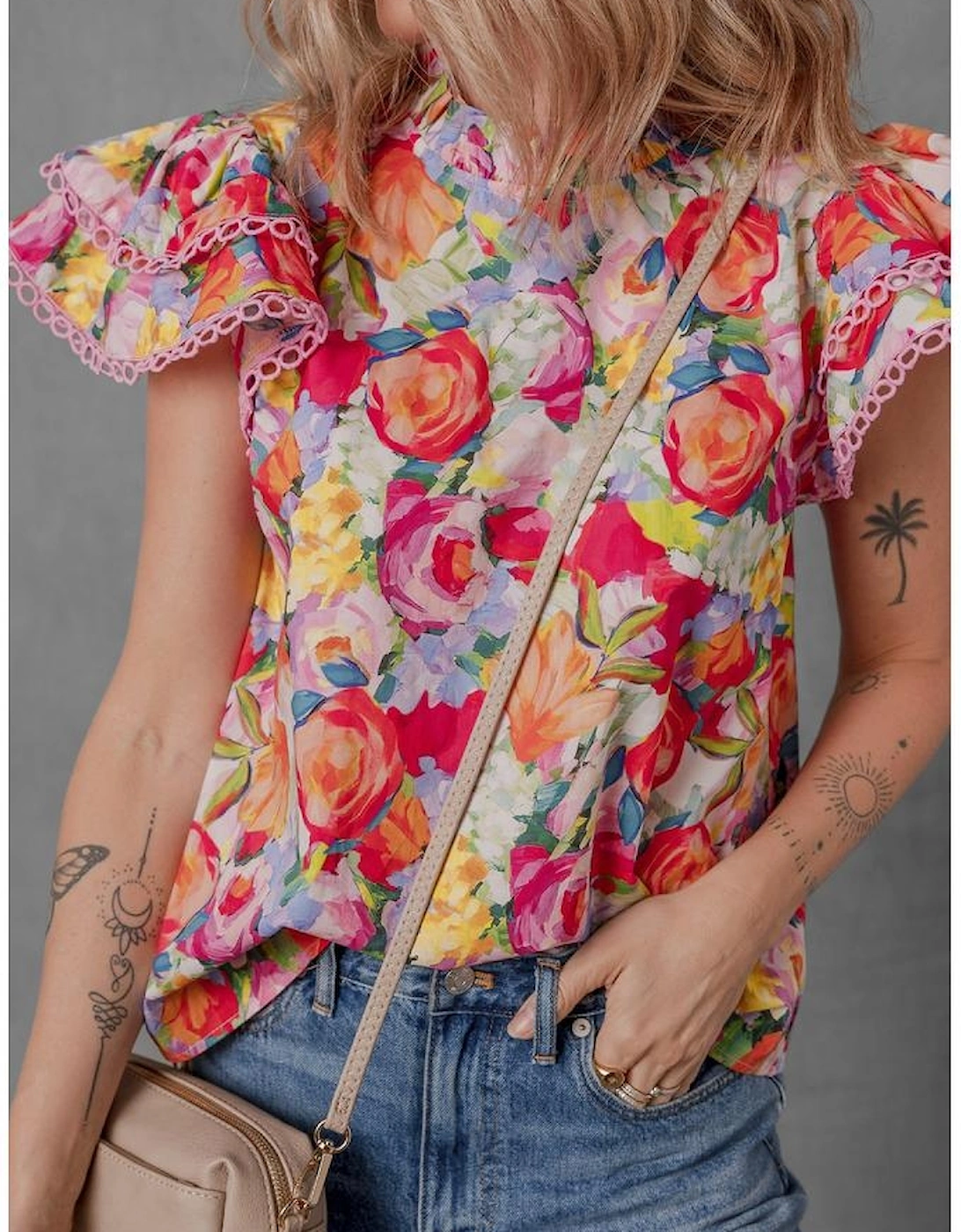 Multicolour Lace Trim Ruffle Short Sleeve Floral Blouse
