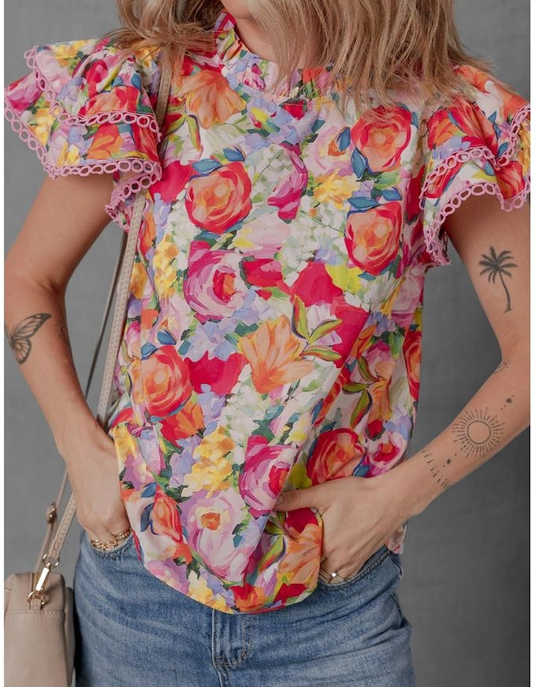 Multicolour Lace Trim Ruffle Short Sleeve Floral Blouse