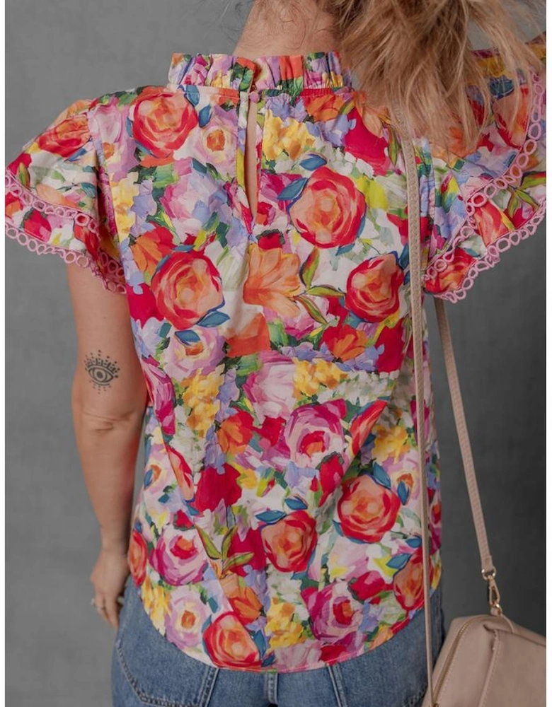 Multicolour Lace Trim Ruffle Short Sleeve Floral Blouse
