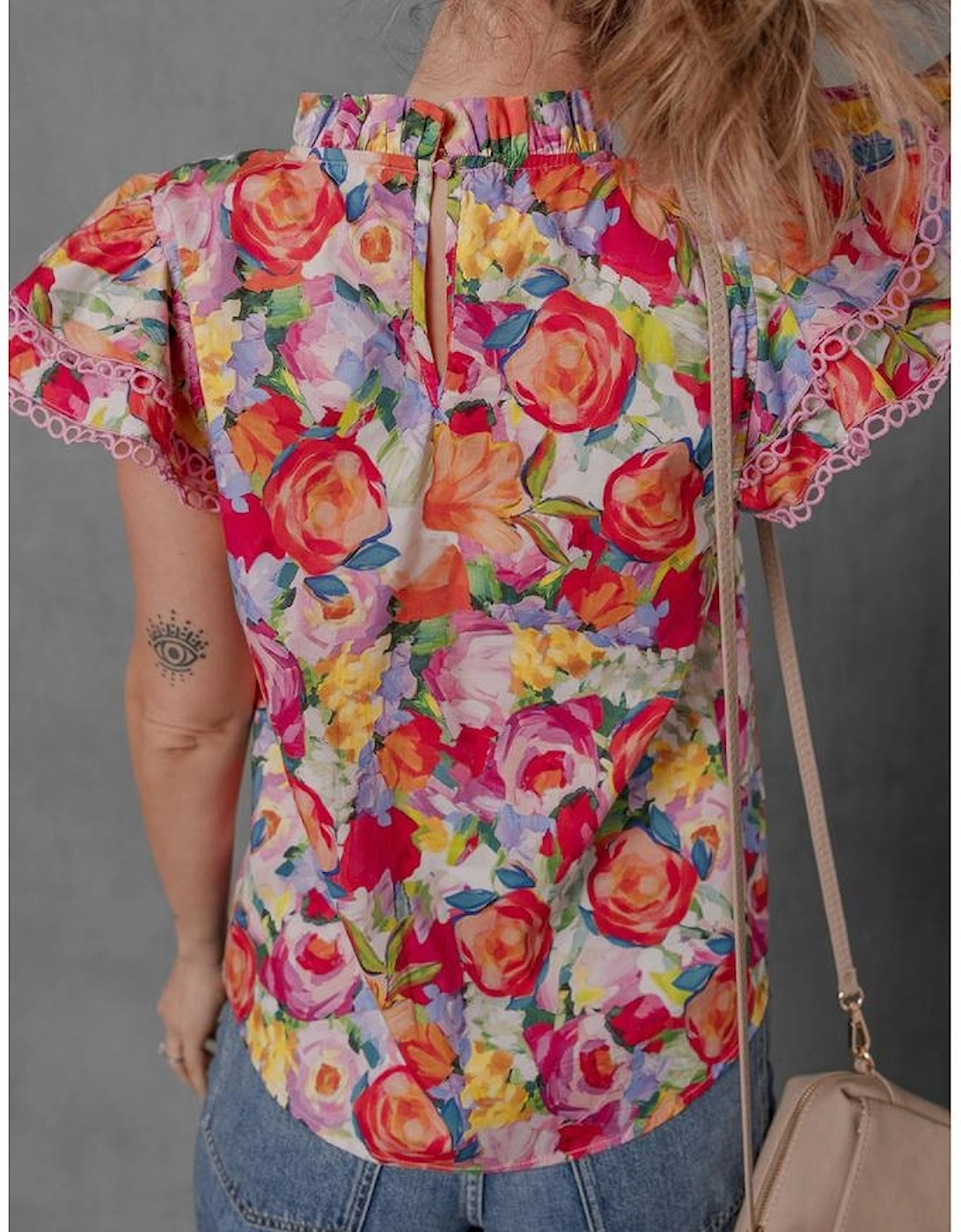 Multicolour Lace Trim Ruffle Short Sleeve Floral Blouse, 15 of 14