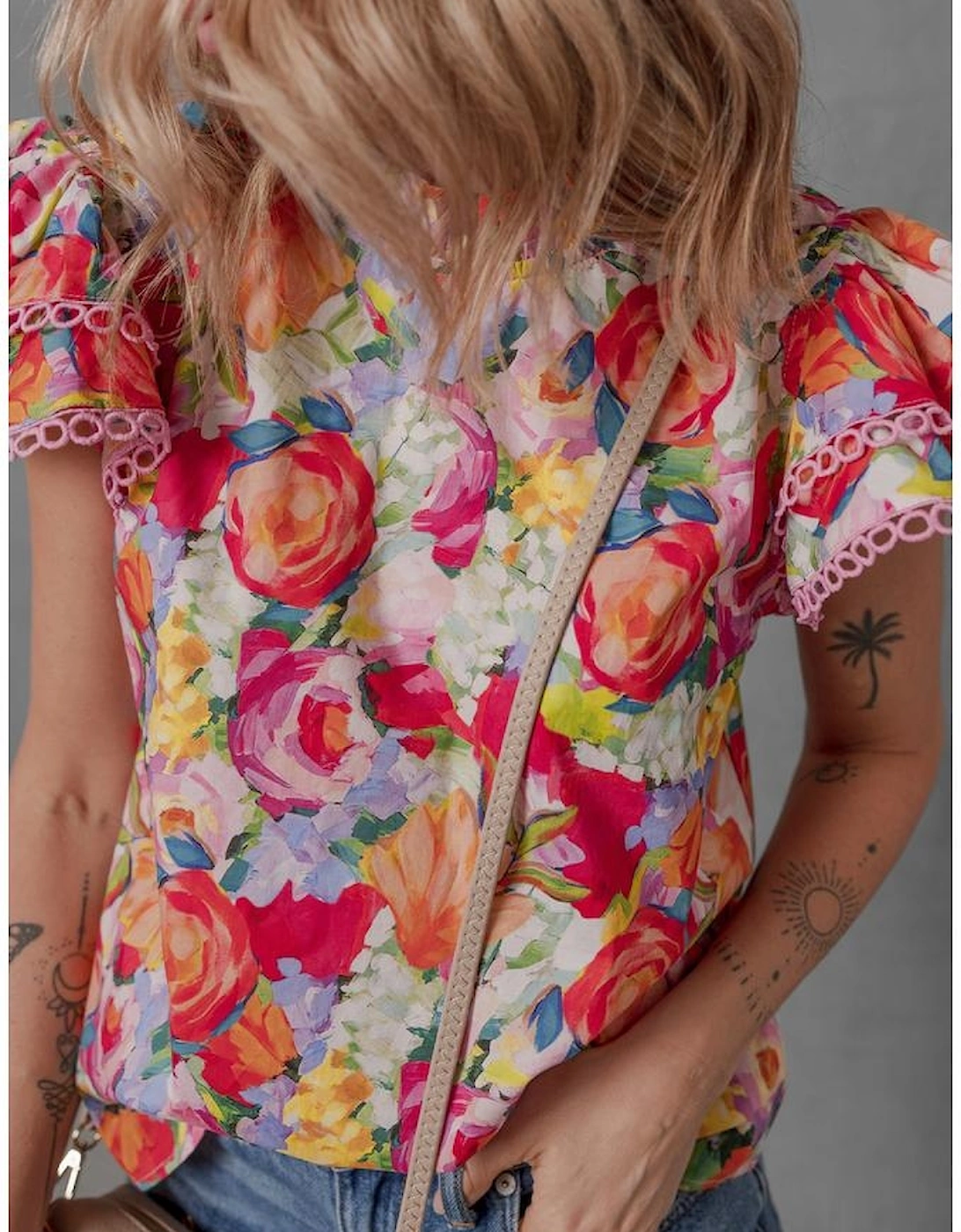 Multicolour Lace Trim Ruffle Short Sleeve Floral Blouse