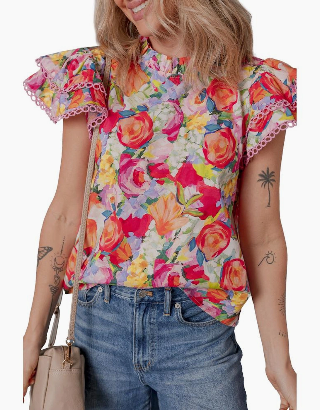 Multicolour Lace Trim Ruffle Short Sleeve Floral Blouse