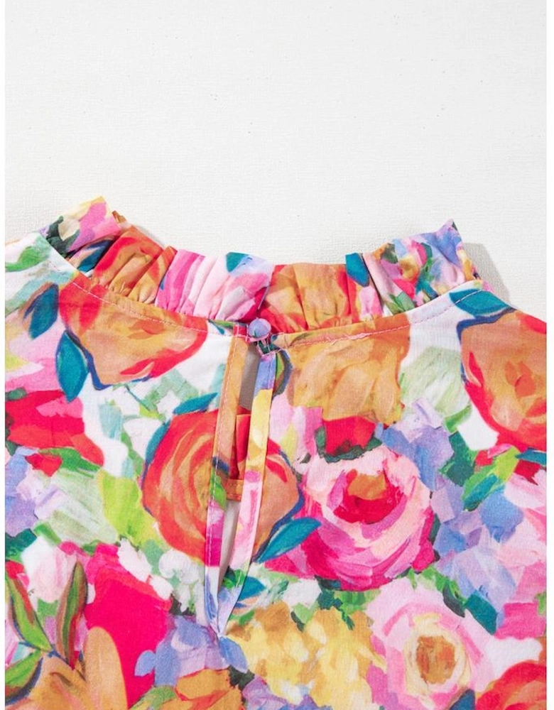 Multicolour Lace Trim Ruffle Short Sleeve Floral Blouse