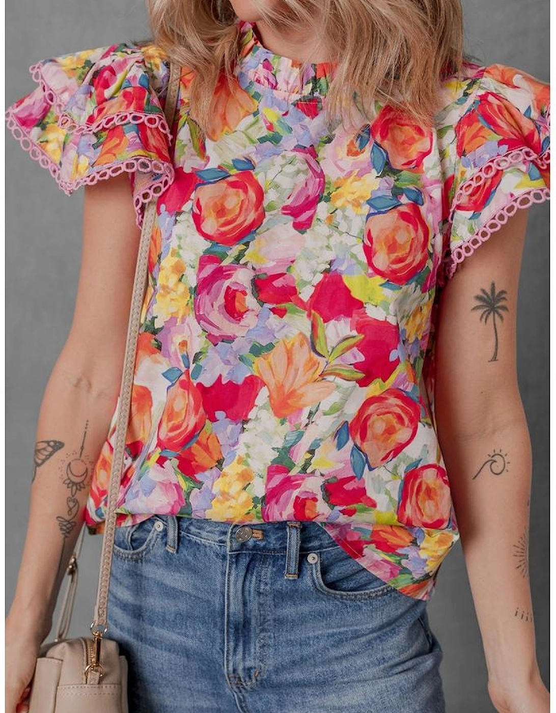 Multicolour Lace Trim Ruffle Short Sleeve Floral Blouse
