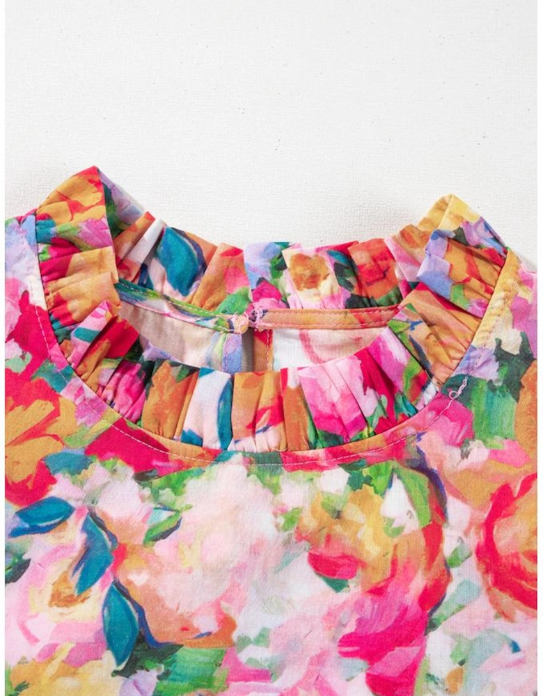Multicolour Lace Trim Ruffle Short Sleeve Floral Blouse