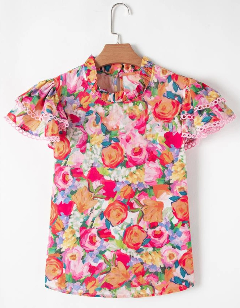 Multicolour Lace Trim Ruffle Short Sleeve Floral Blouse