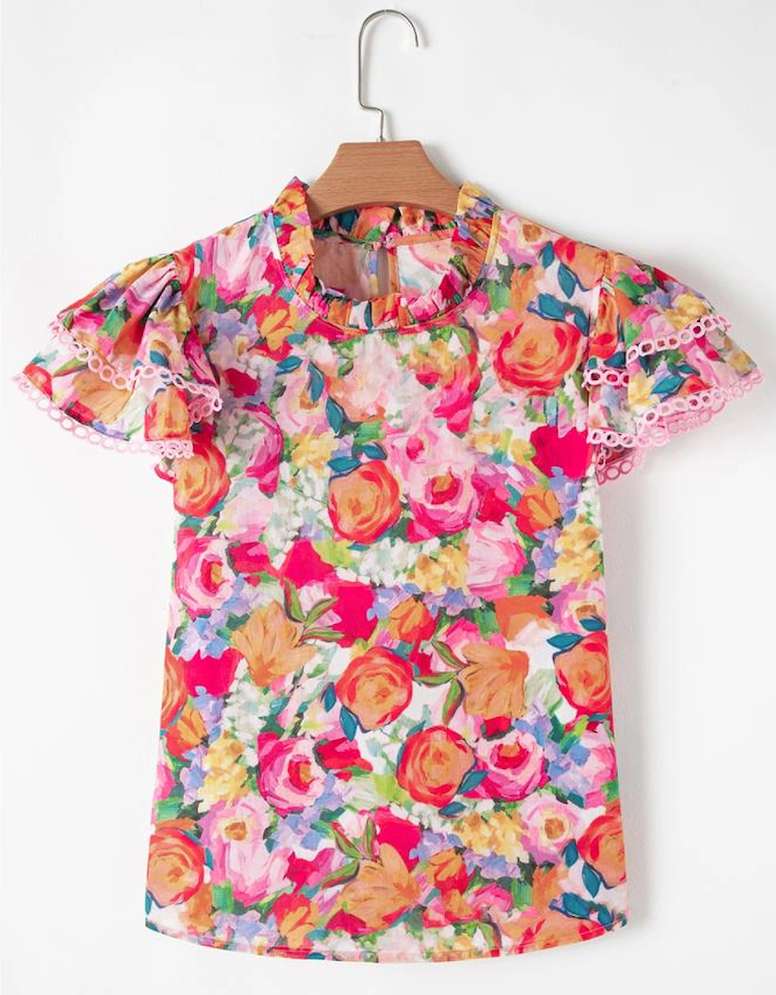 Multicolour Lace Trim Ruffle Short Sleeve Floral Blouse