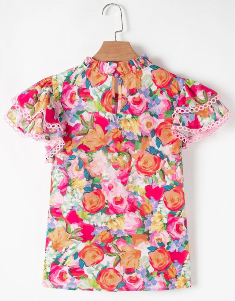 Multicolour Lace Trim Ruffle Short Sleeve Floral Blouse