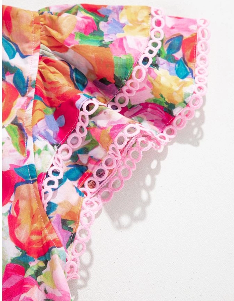 Multicolour Lace Trim Ruffle Short Sleeve Floral Blouse