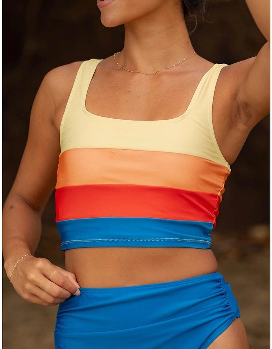 Blue Colorblock Square Neck Top Pleated High Waisted Bikini