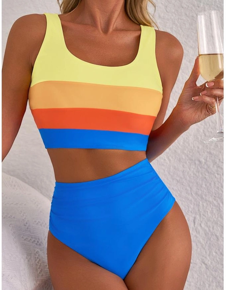Blue Colorblock Square Neck Top Pleated High Waisted Bikini