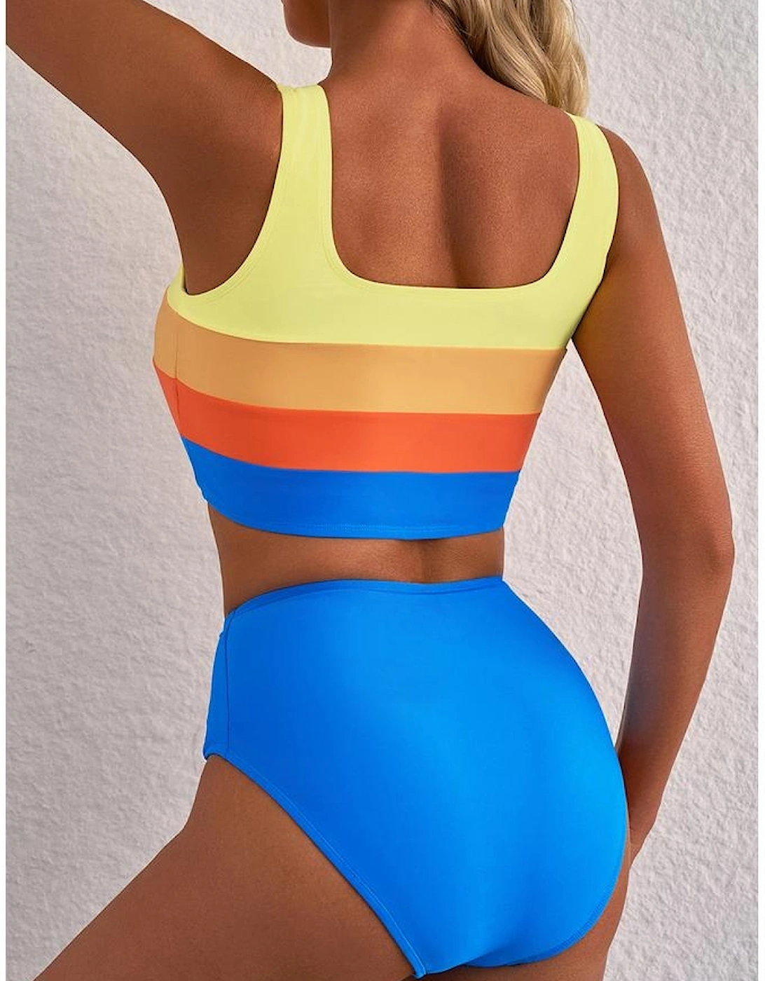 Blue Colorblock Square Neck Top Pleated High Waisted Bikini