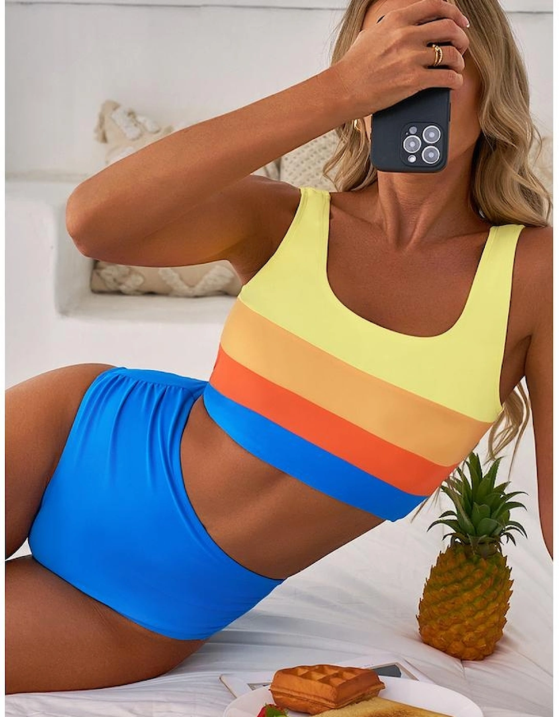 Blue Colorblock Square Neck Top Pleated High Waisted Bikini