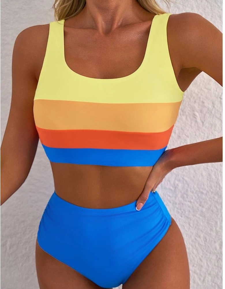 Blue Colorblock Square Neck Top Pleated High Waisted Bikini