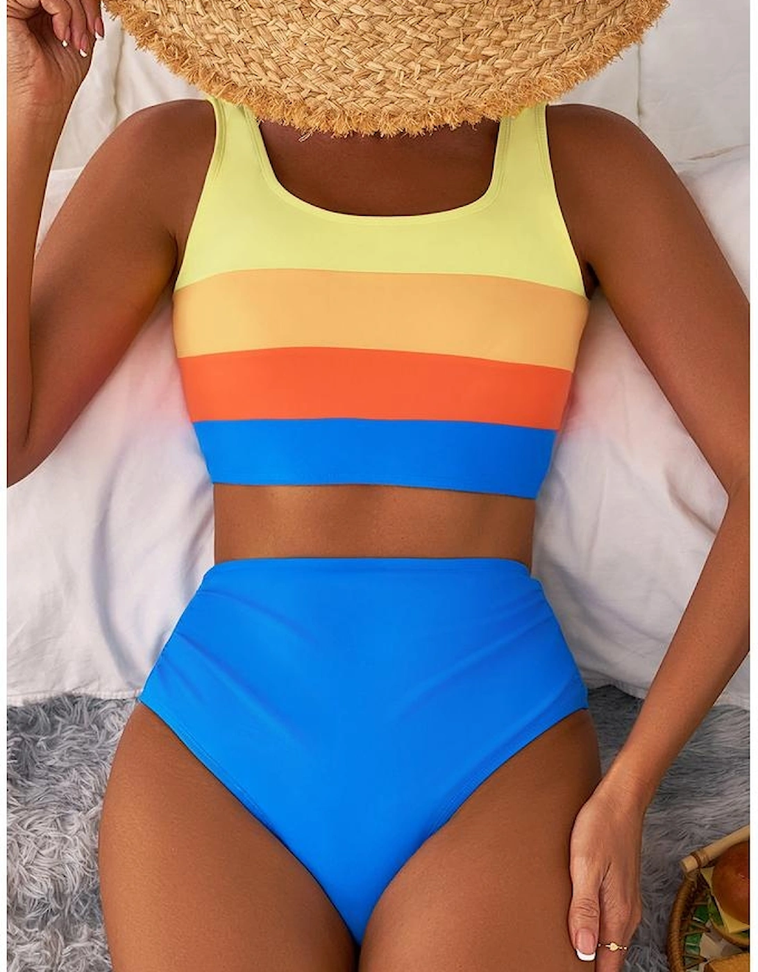 Blue Colorblock Square Neck Top Pleated High Waisted Bikini
