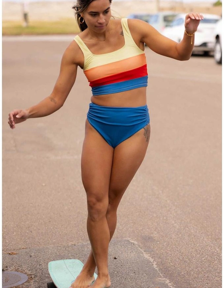 Blue Colorblock Square Neck Top Pleated High Waisted Bikini