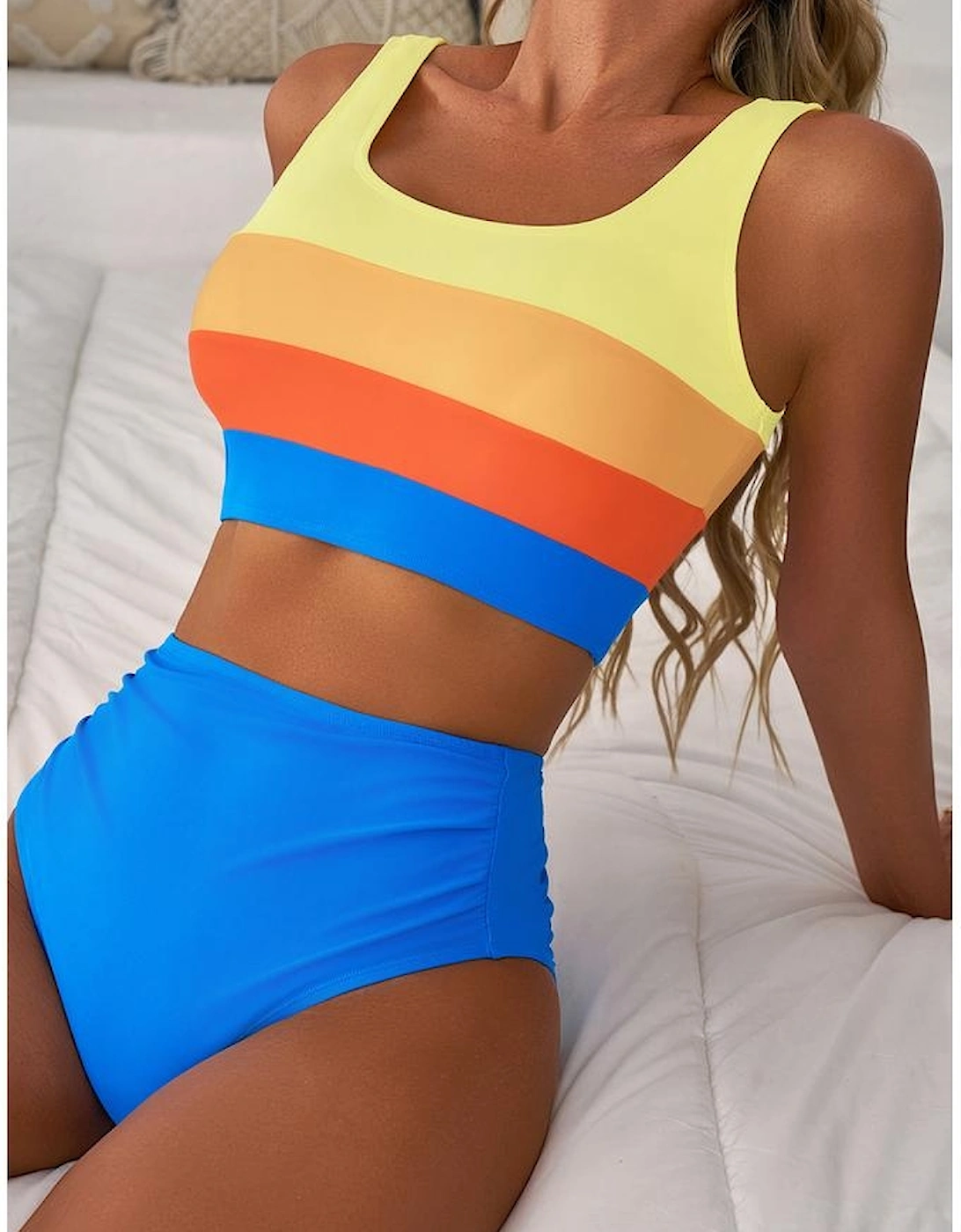 Blue Colorblock Square Neck Top Pleated High Waisted Bikini
