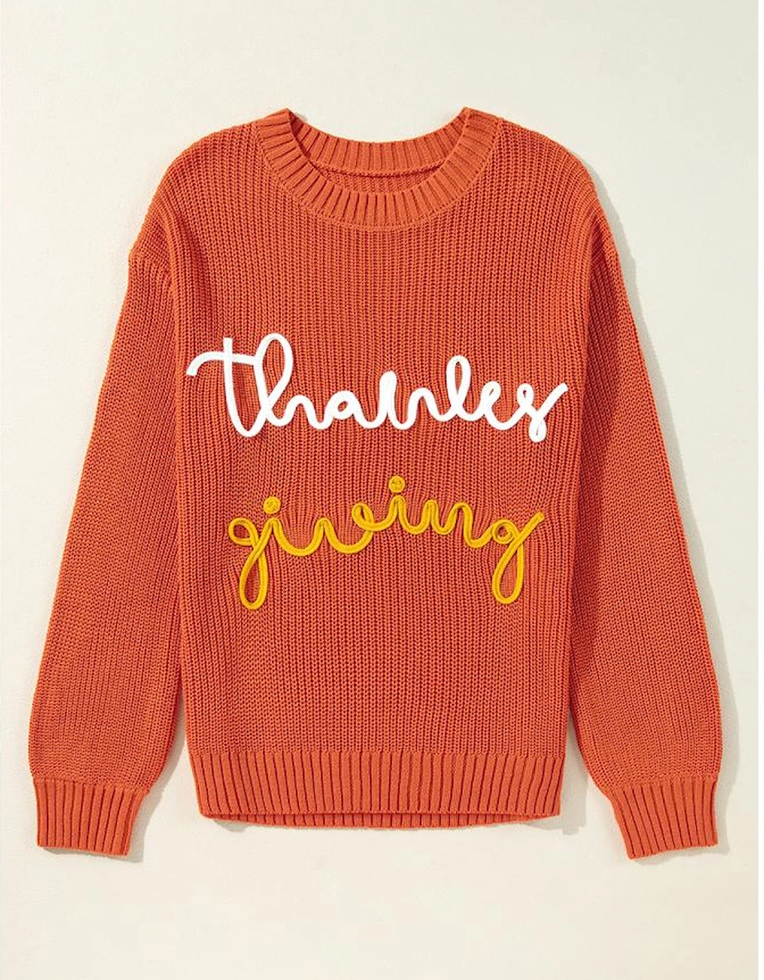 Gold Flame Thanks Giving Letter Graphic Crew Neck Sweater