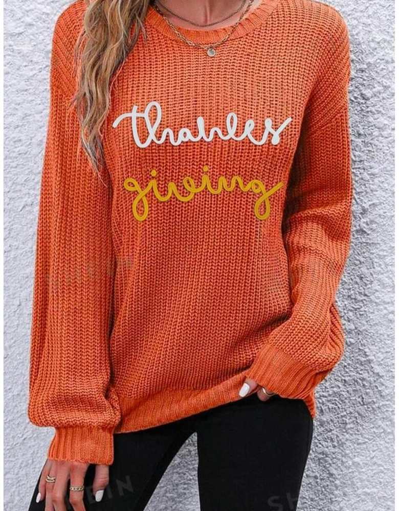 Gold Flame Thanks Giving Letter Graphic Crew Neck Sweater