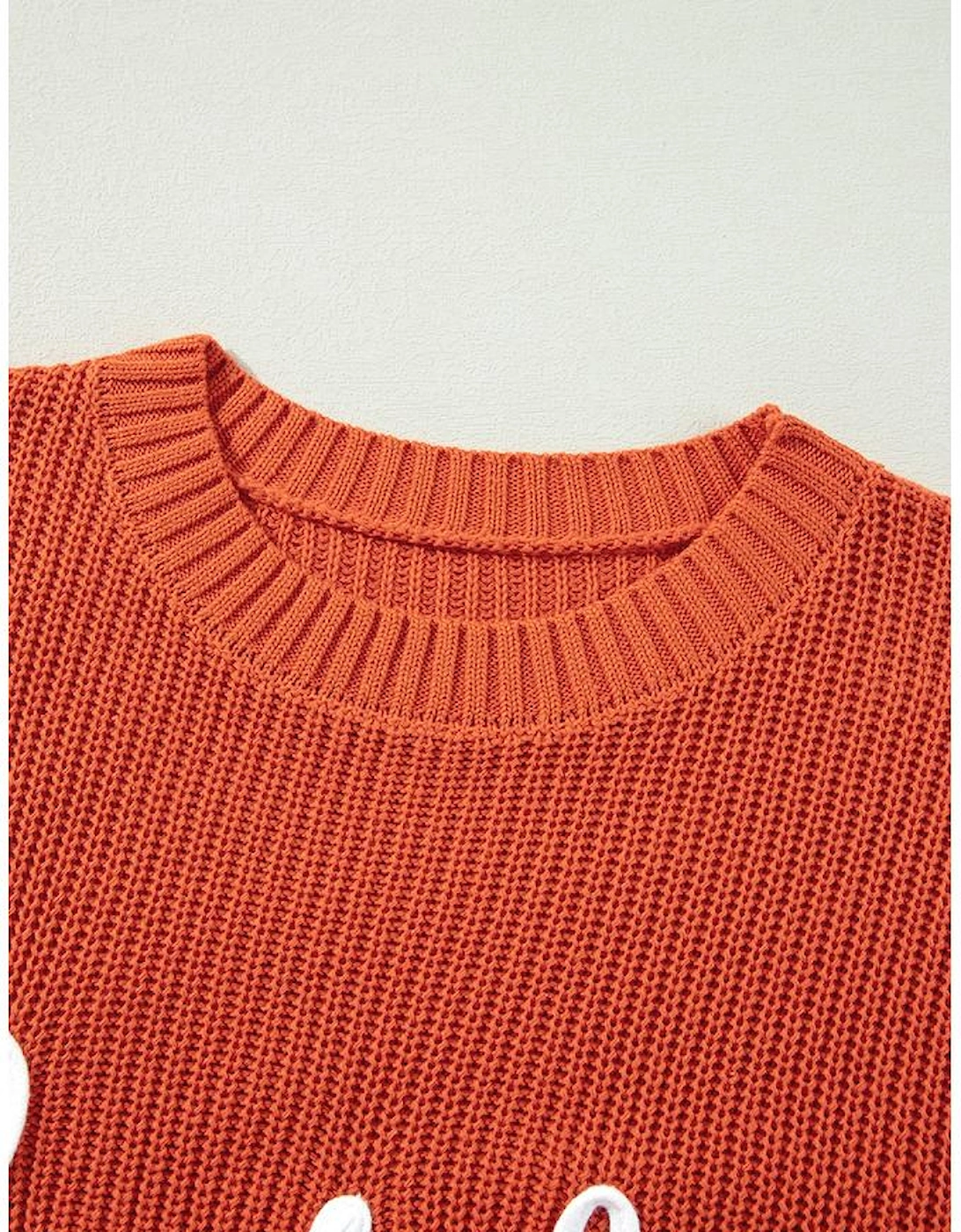 Gold Flame Thanks Giving Letter Graphic Crew Neck Sweater