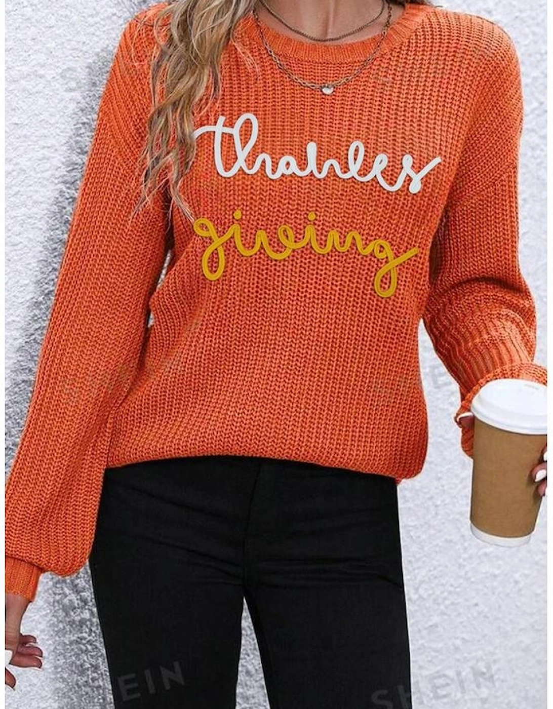 Gold Flame Thanks Giving Letter Graphic Crew Neck Sweater
