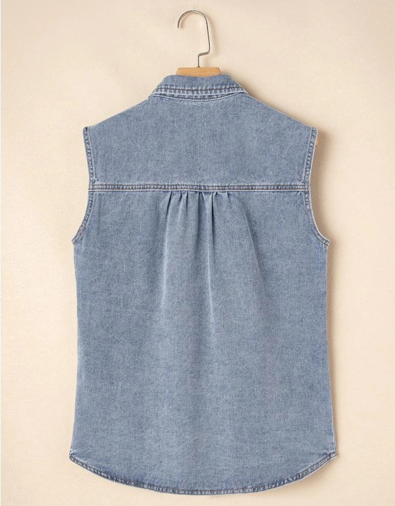 Beau Blue Denim Flap Pocket Curved Hem Shirt Vest