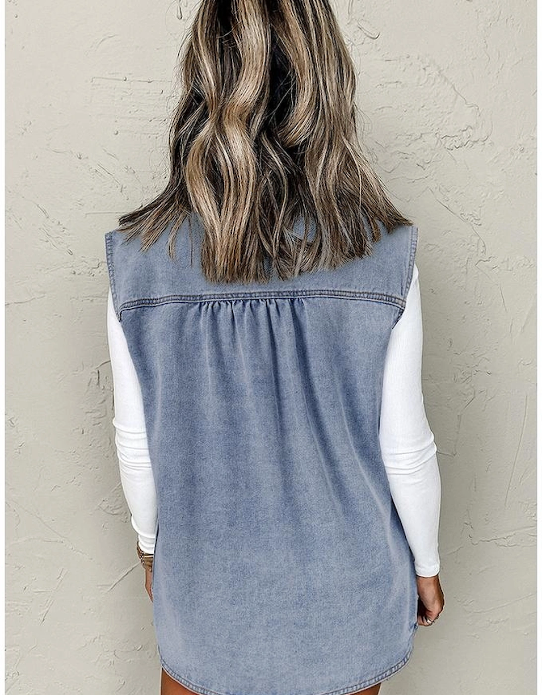 Beau Blue Denim Flap Pocket Curved Hem Shirt Vest