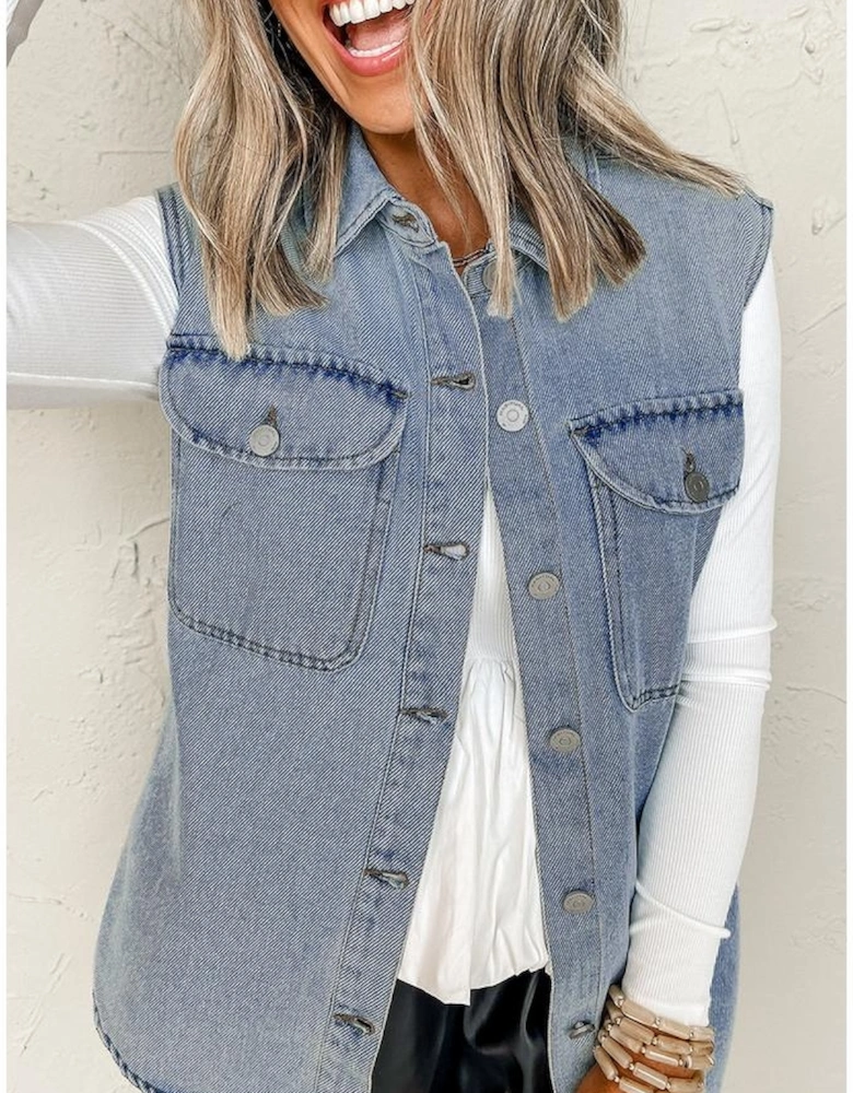 Beau Blue Denim Flap Pocket Curved Hem Shirt Vest