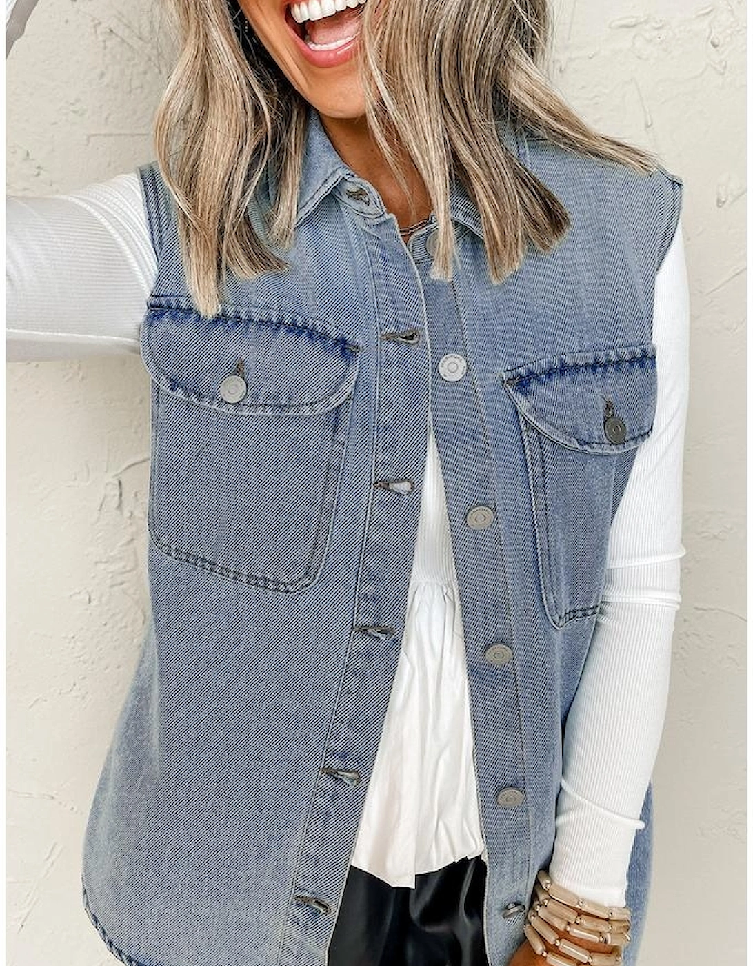 Beau Blue Denim Flap Pocket Curved Hem Shirt Vest