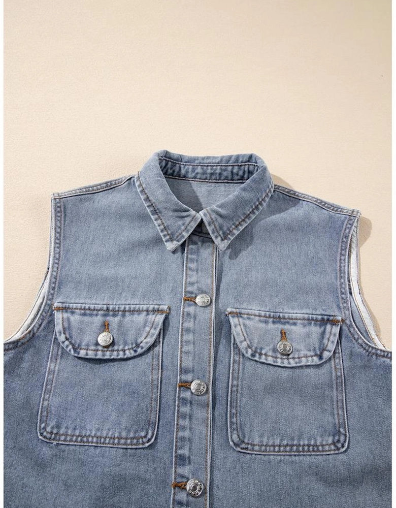 Beau Blue Denim Flap Pocket Curved Hem Shirt Vest