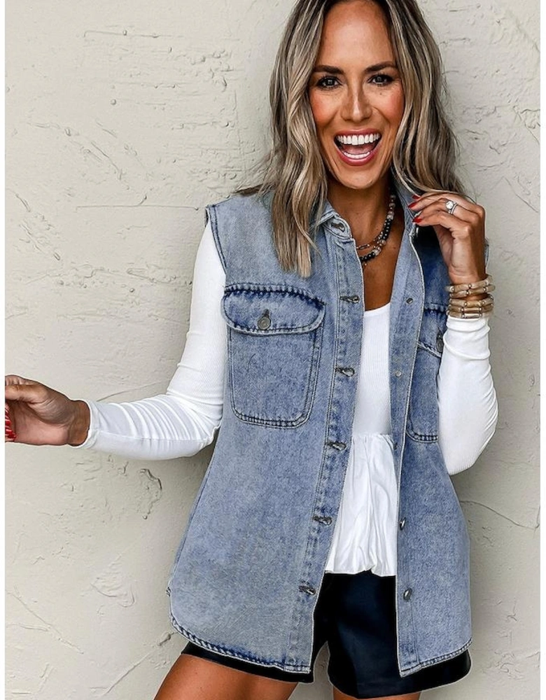 Beau Blue Denim Flap Pocket Curved Hem Shirt Vest