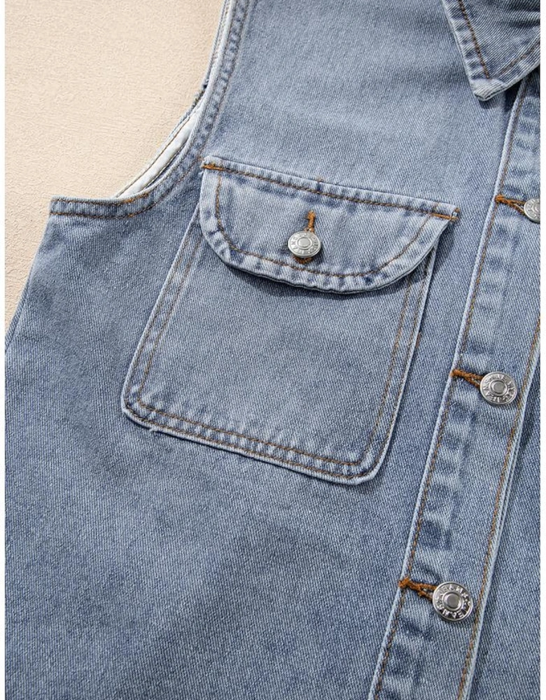 Beau Blue Denim Flap Pocket Curved Hem Shirt Vest