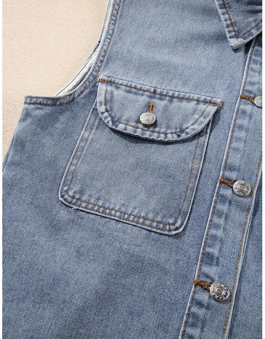 Beau Blue Denim Flap Pocket Curved Hem Shirt Vest