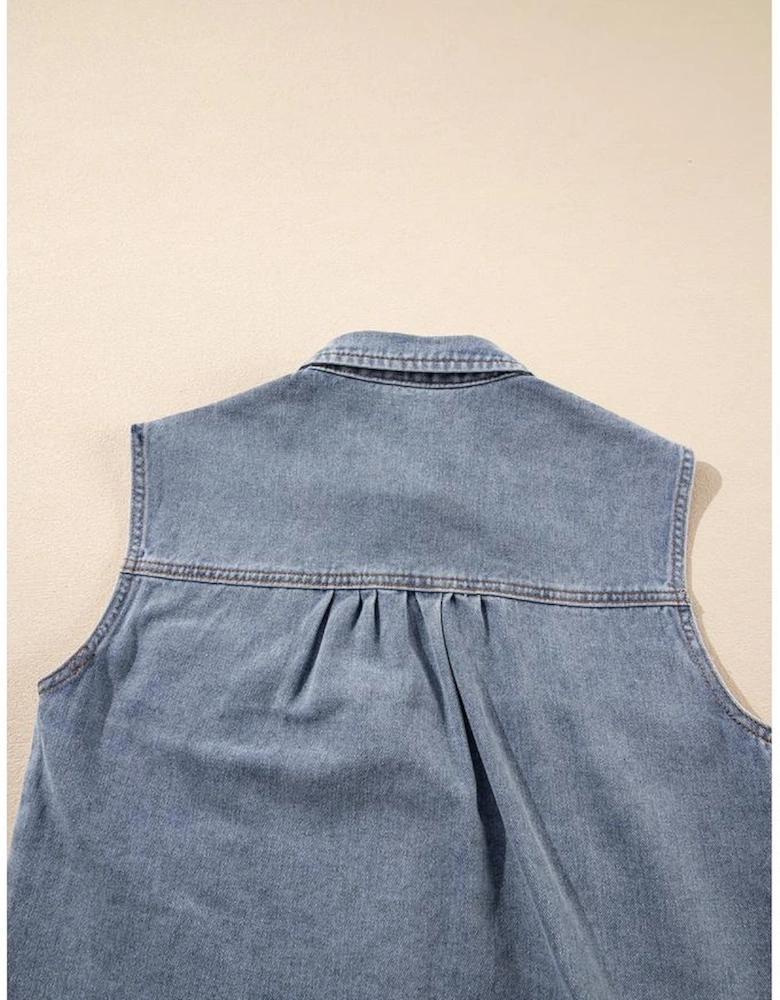 Beau Blue Denim Flap Pocket Curved Hem Shirt Vest