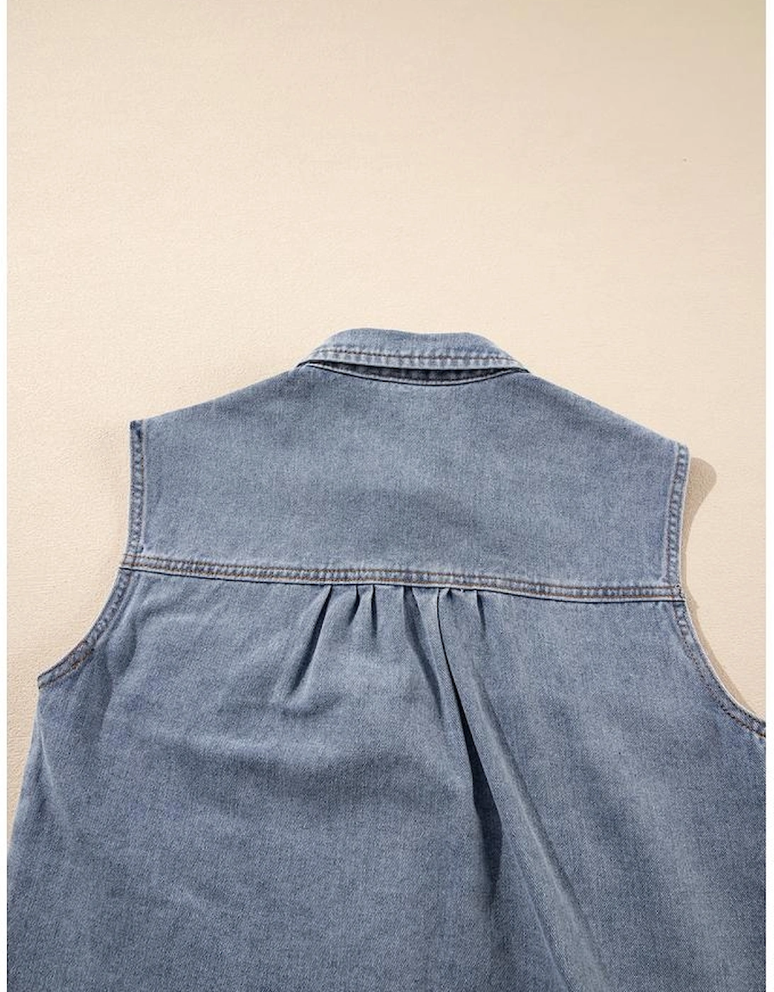 Beau Blue Denim Flap Pocket Curved Hem Shirt Vest