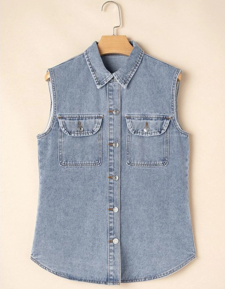 Beau Blue Denim Flap Pocket Curved Hem Shirt Vest