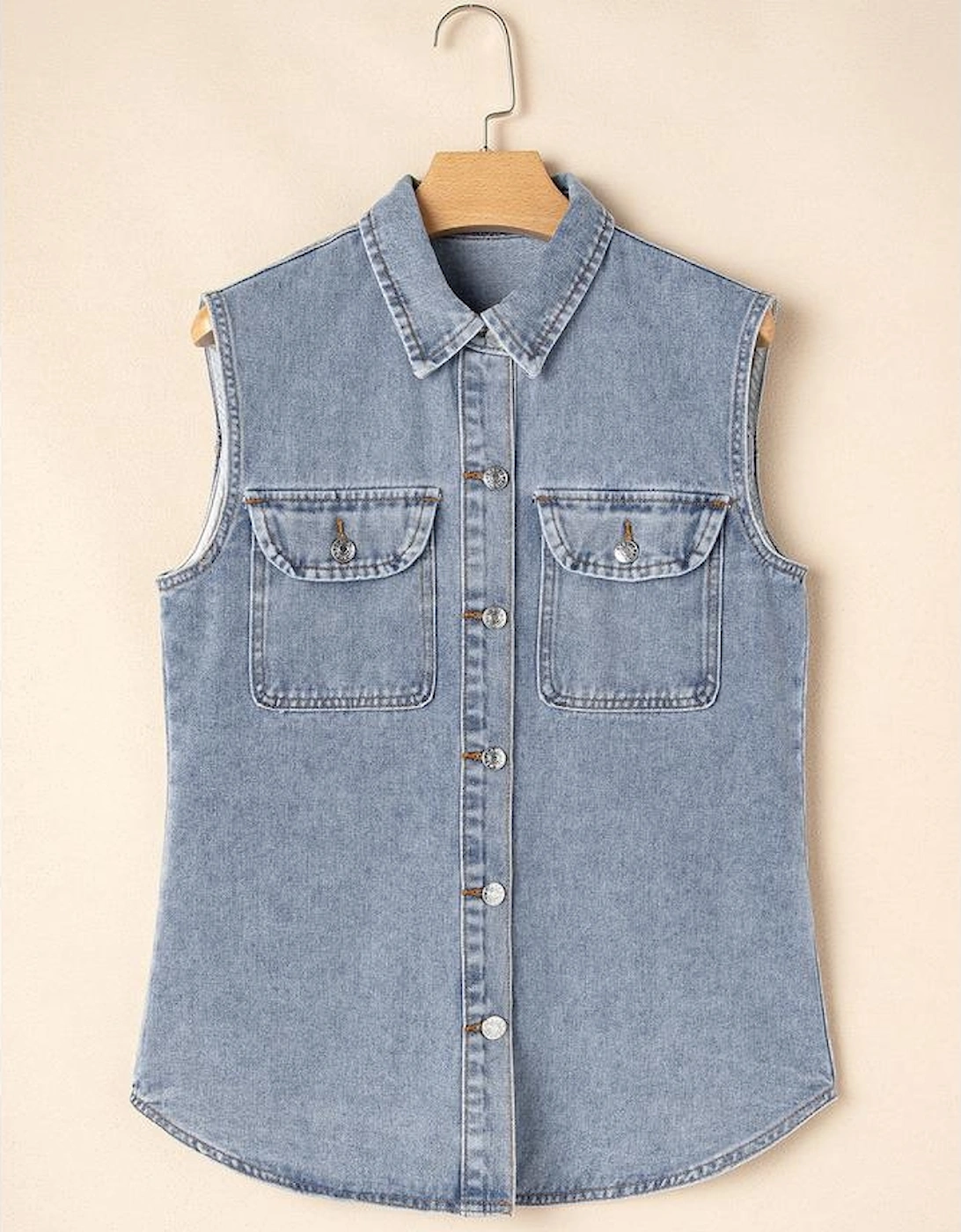 Beau Blue Denim Flap Pocket Curved Hem Shirt Vest