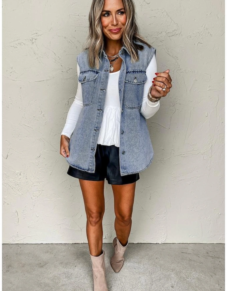 Beau Blue Denim Flap Pocket Curved Hem Shirt Vest