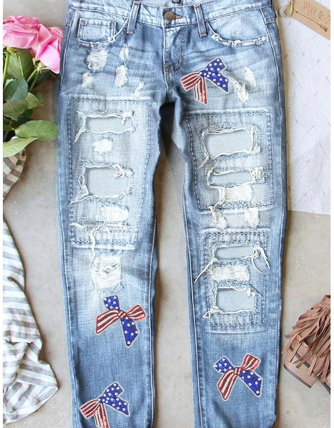 Light Blue Flag Pattern Inspired Sequin Bow Graphic Distressed Jeans