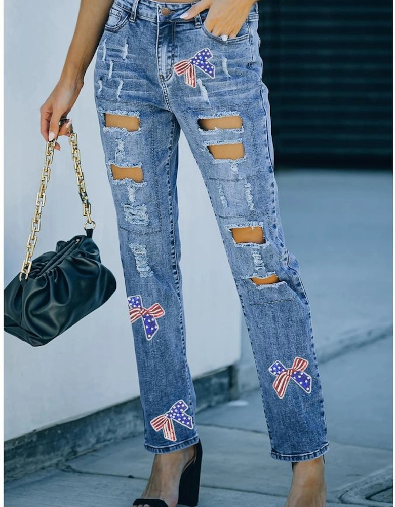 Light Blue Flag Pattern Inspired Sequin Bow Graphic Distressed Jeans